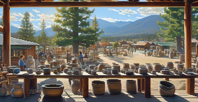 A community pottery workshop in Big Bear with artisans shaping clay, surrounded by colorful handmade pottery and the San Bernardino Mountains in the background, illuminated by golden sunlight.