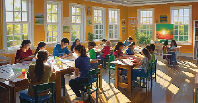 A diverse group of adult learners participating in a hands-on workshop in a brightly lit classroom with educational materials on the table.