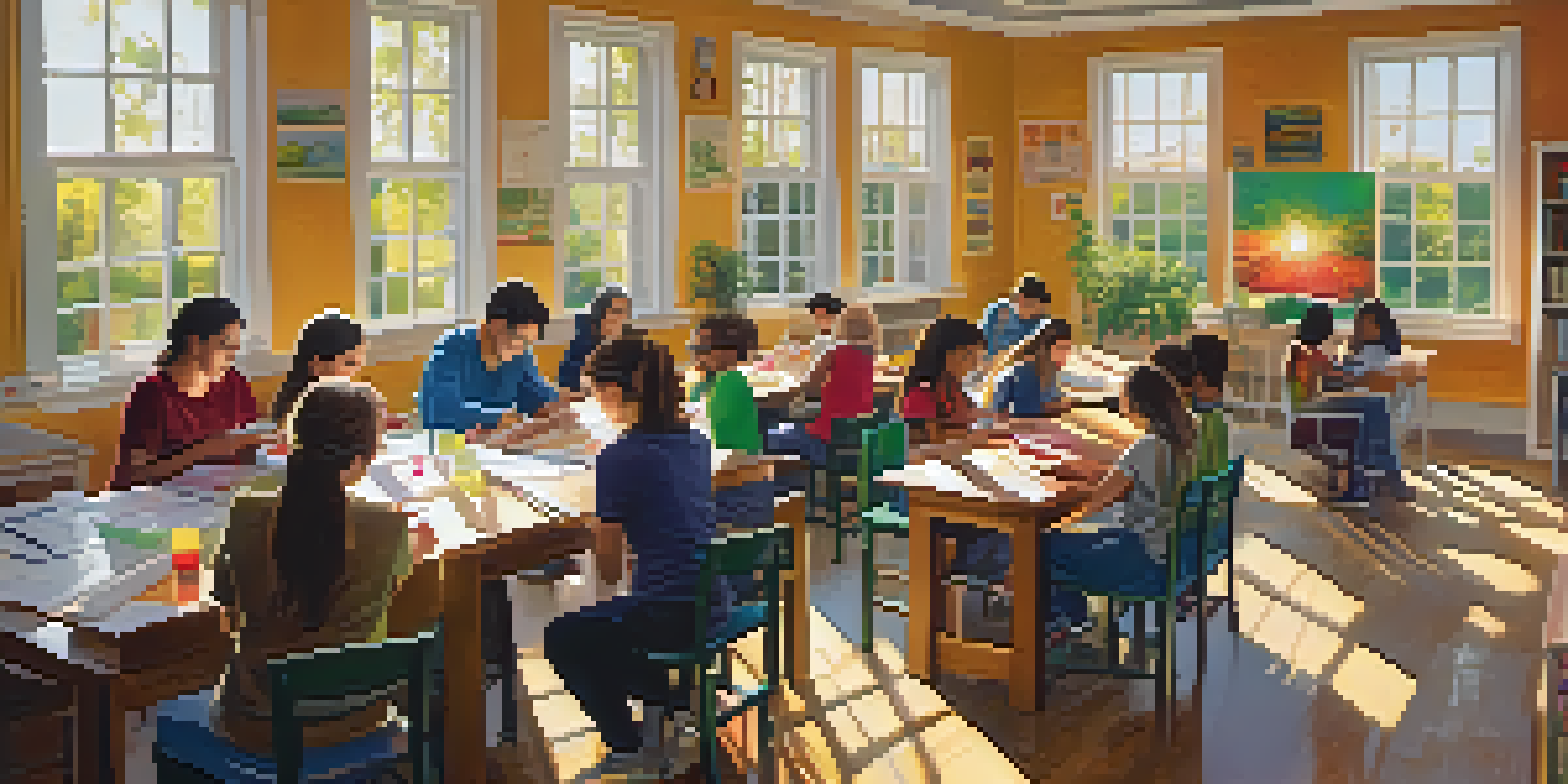 A diverse group of adult learners participating in a hands-on workshop in a brightly lit classroom with educational materials on the table.