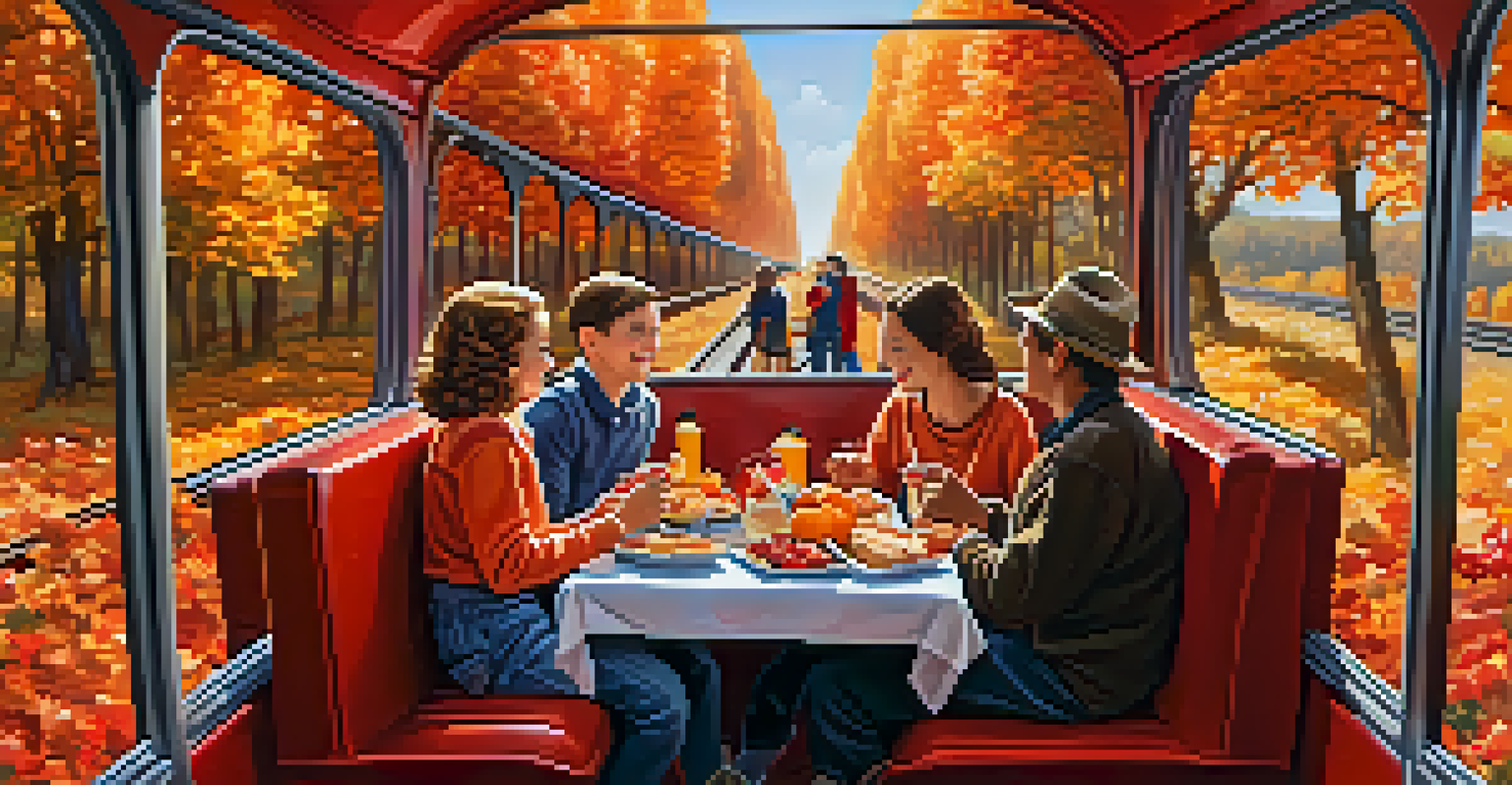 A family having a picnic on a train, surrounded by beautiful autumn leaves in shades of orange and red.