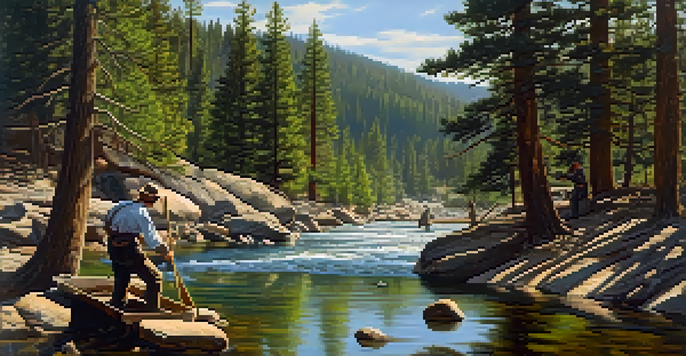 A picturesque view of miners panning for gold in a river, surrounded by lush greenery and mountains, with soft morning light illuminating the scene.