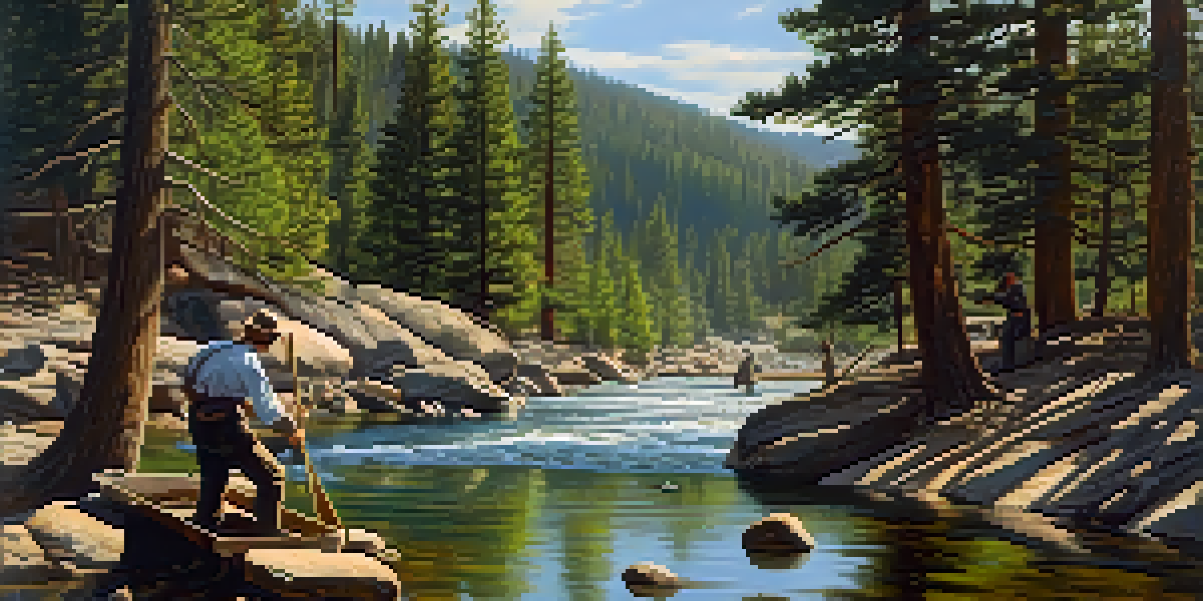 A picturesque view of miners panning for gold in a river, surrounded by lush greenery and mountains, with soft morning light illuminating the scene.