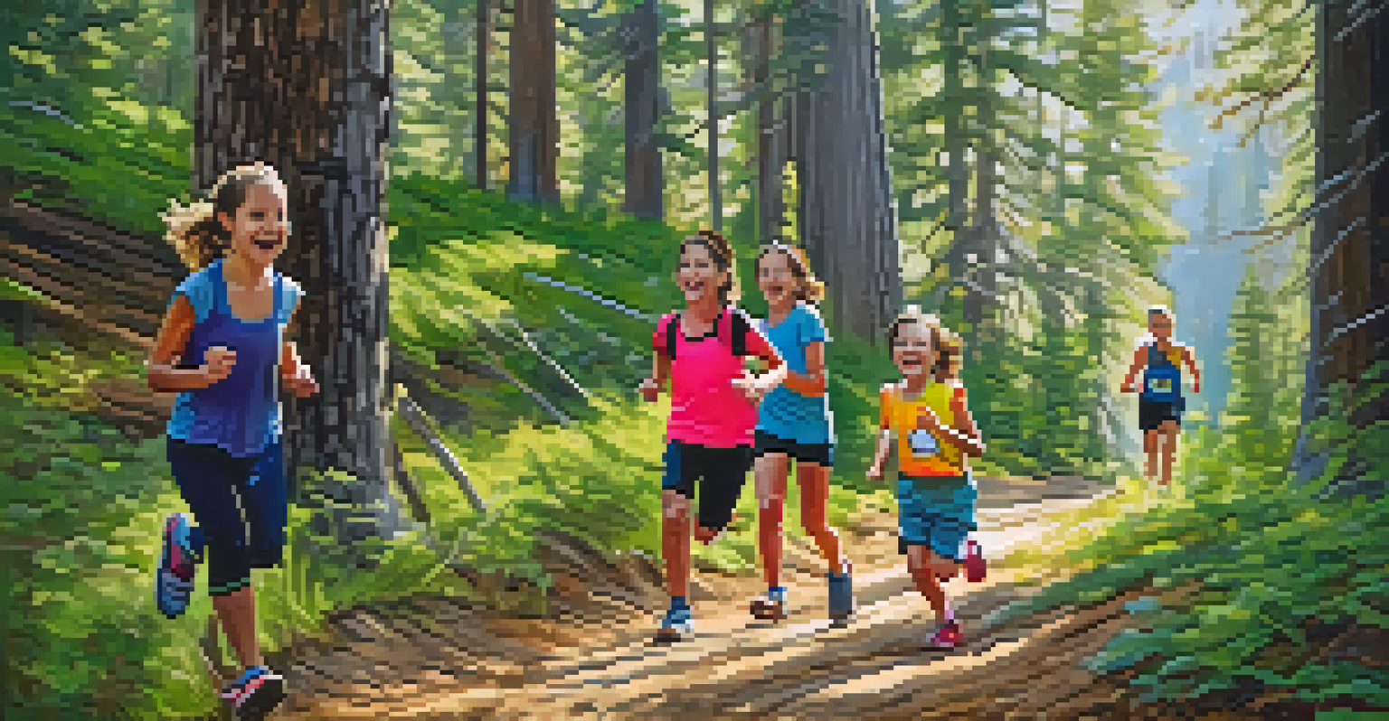 A family participating in an adventure race on a forest trail, with children running and smiling.