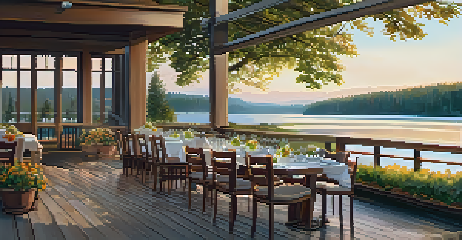 A picturesque outdoor dining scene with a grilled salmon dish and a lake view, soft evening light illuminating the setting.