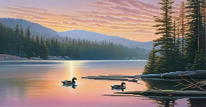 A tranquil sunrise over Big Bear Lake, with ducks on the water and mist rising from the surface.