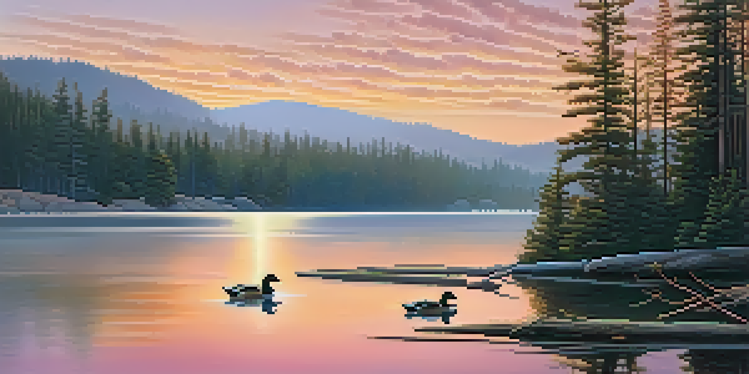 A tranquil sunrise over Big Bear Lake, with ducks on the water and mist rising from the surface.