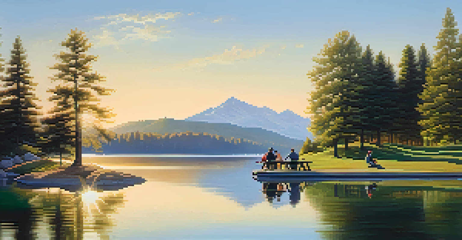 Friends enjoying a meal by the lake after a day of golfing, with mountains reflecting in the water.