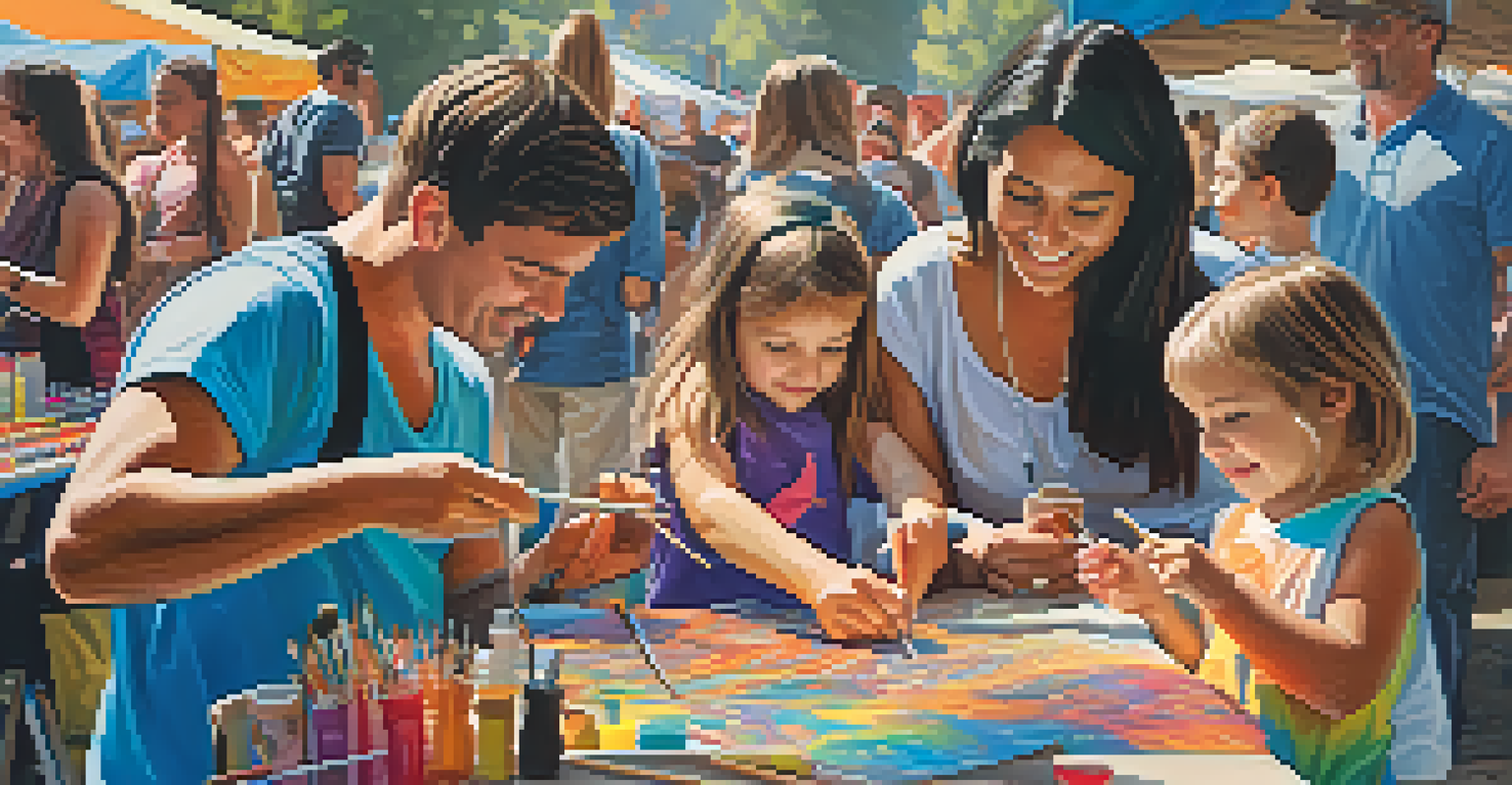 A family participating in arts and crafts at a music festival, with children creating art and a lively festival atmosphere in the background.