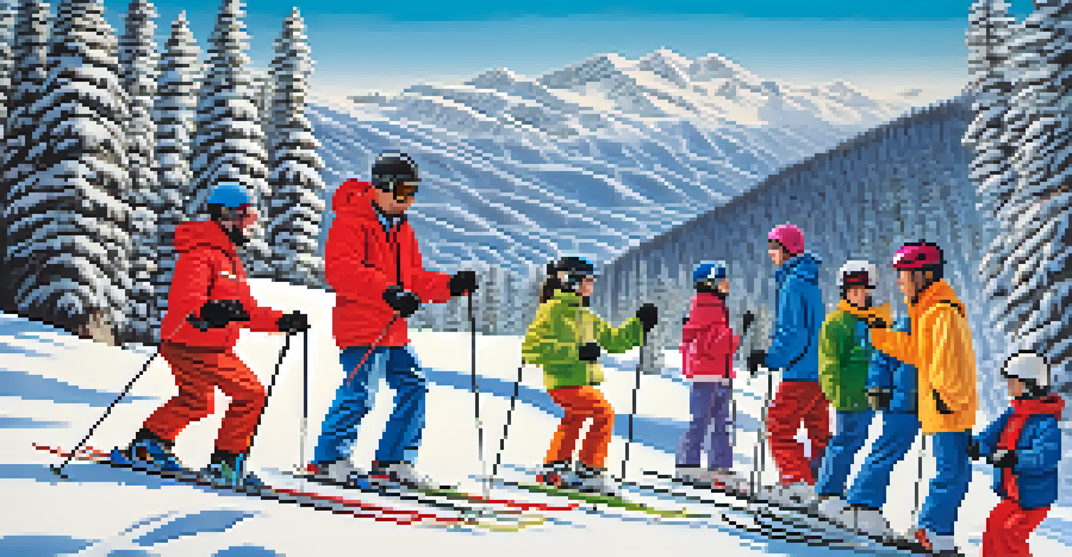 A ski instructor in a red jacket teaching students on a snowy slope, with trees and a clear blue sky in the background.