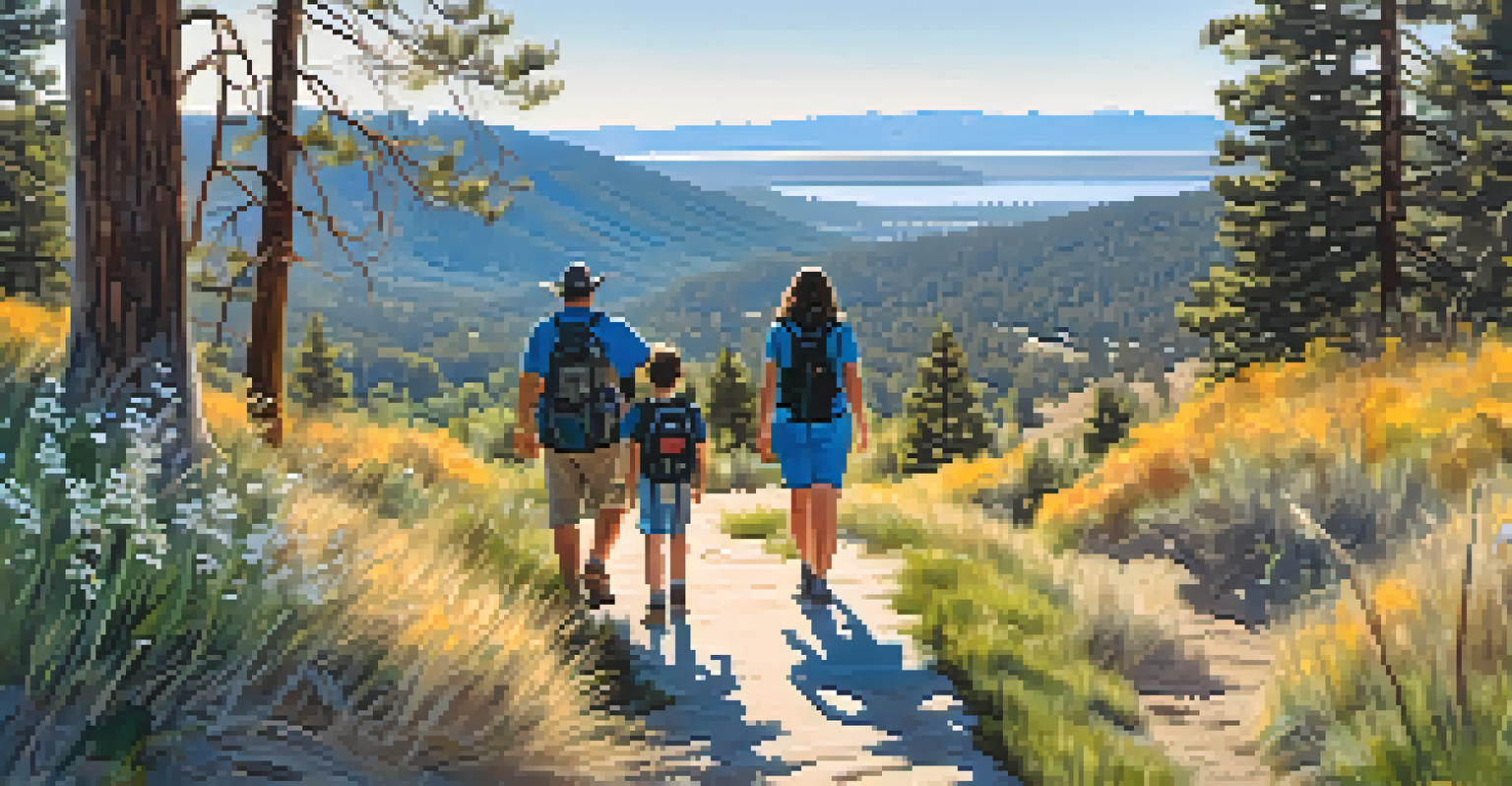 A hiking trail in Big Bear with wildflowers, mountains in the distance, and a family walking with binoculars and a camera.
