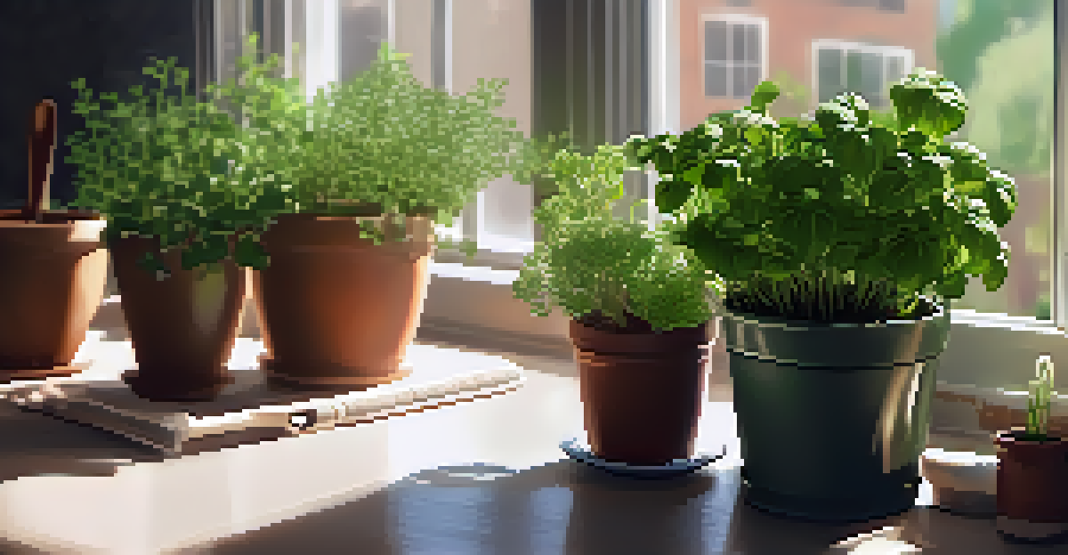An indoor scene with potted herbs on a windowsill and gardening tools, illuminated by sunlight.