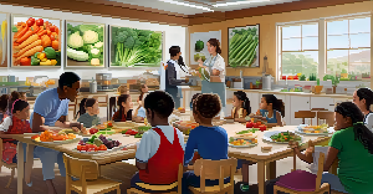 A nutrition workshop in a classroom, with families learning to cook healthy meals together and fresh produce on the table.