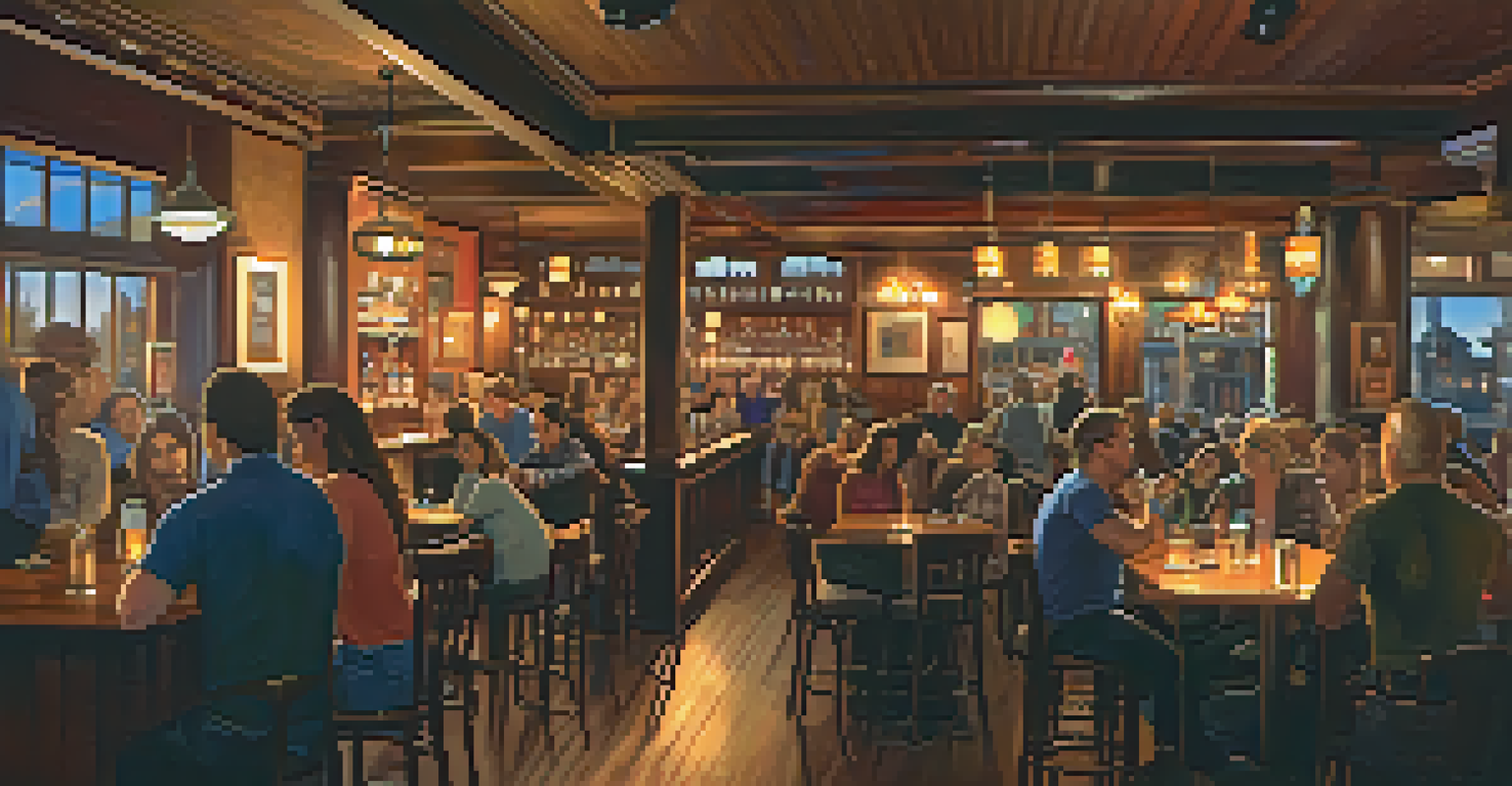 A cozy atmosphere inside Murray's bar in Big Bear, with patrons enjoying acoustic music, warm wooden decor, and a musician performing on stage.