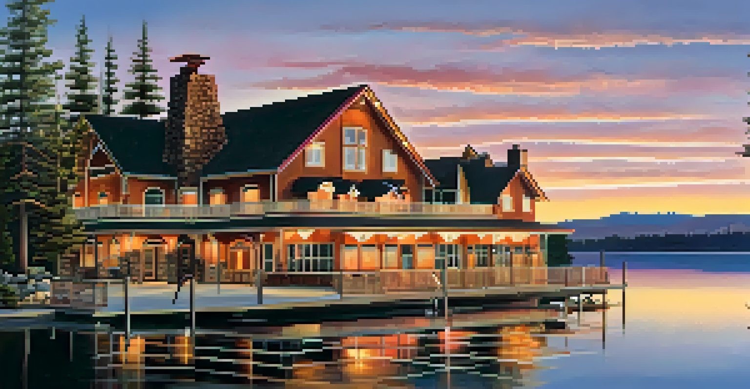 The Big Bear Lake Hotel at sunset with rustic architecture and a lakeside view, reflecting colors on the water.