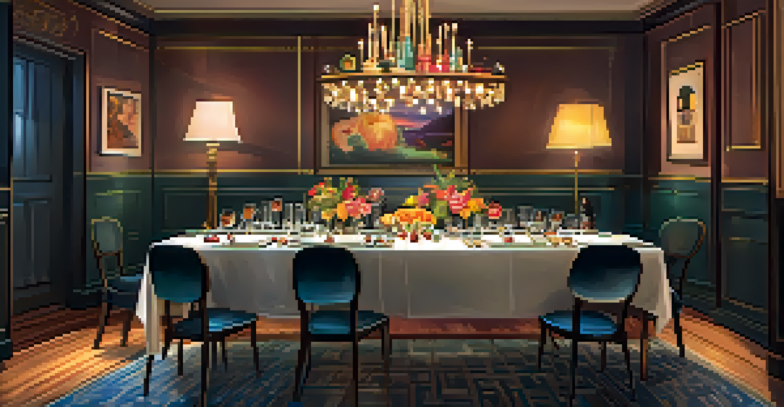 A dining table decorated for a celebration after an escape room experience, with food and drinks in a cozy setting.