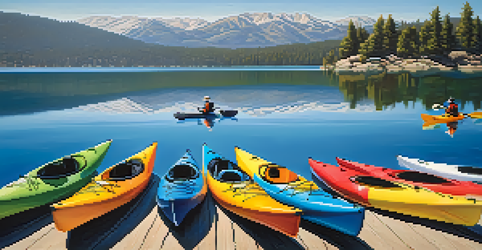 Kayakers paddling on a calm lake surrounded by mountains, with colorful kayaks and clear blue skies, capturing a serene outdoor activity.