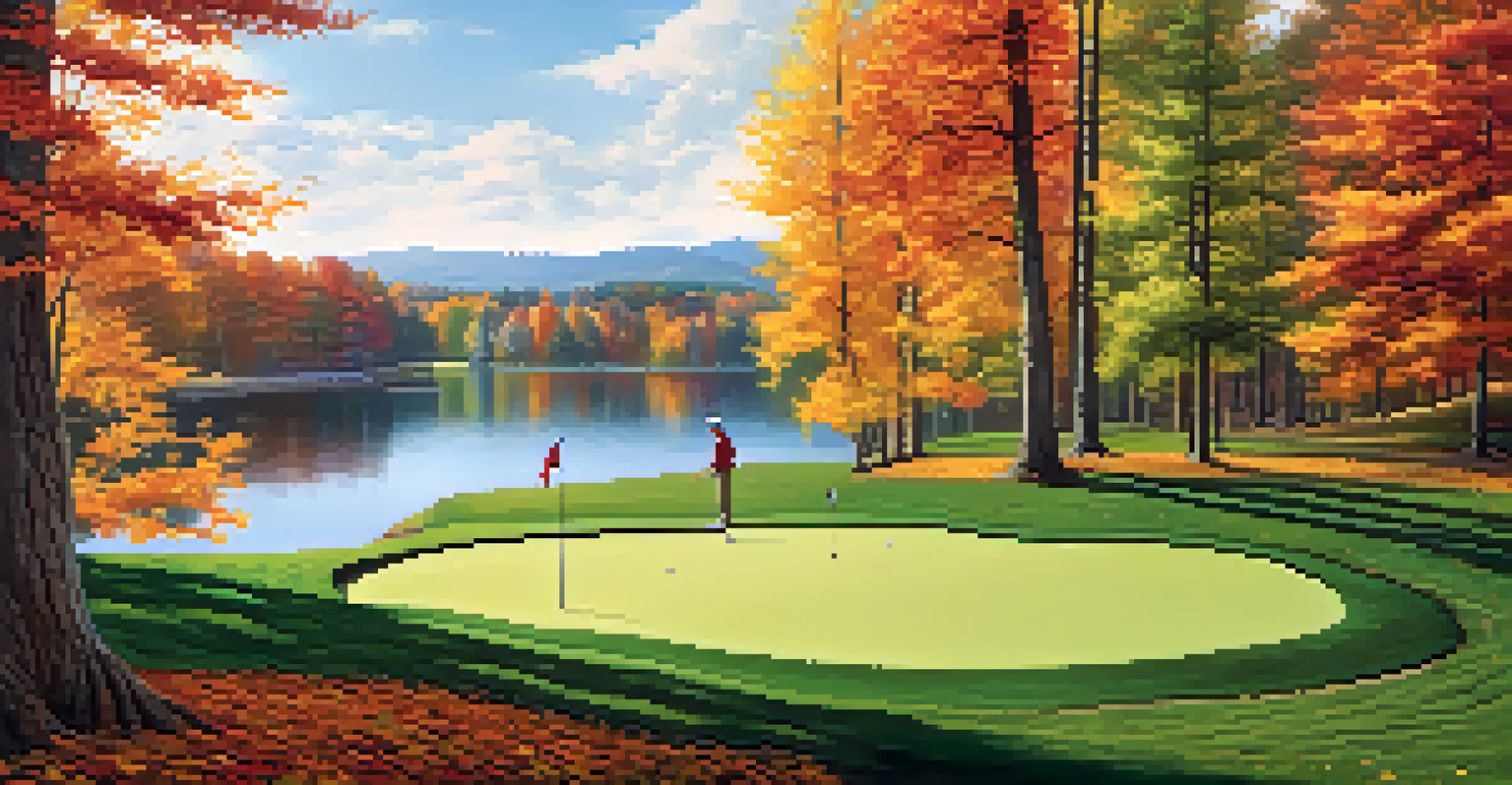 A golfer practicing putting on a green near a lake, surrounded by vibrant autumn trees reflecting in the water.