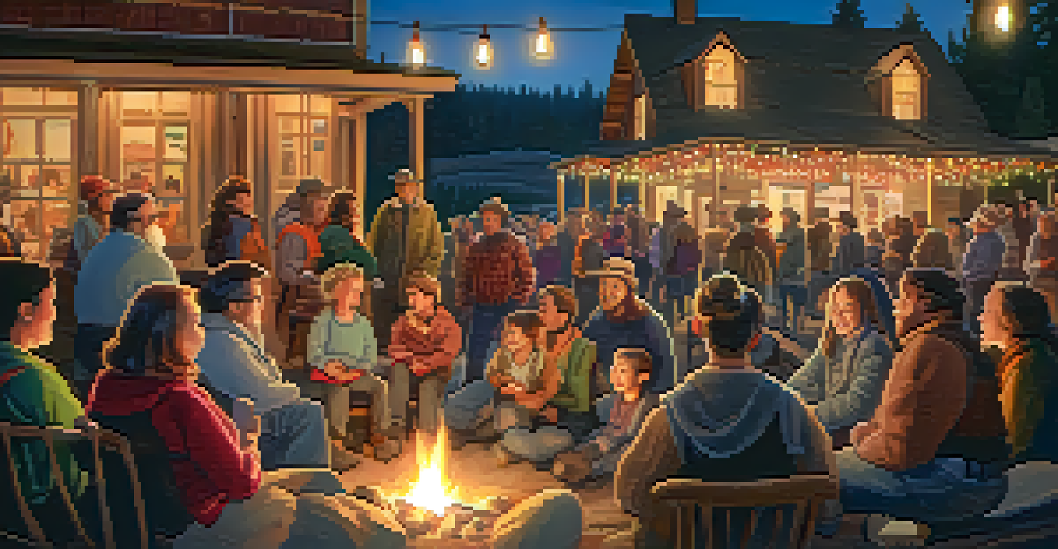 Families enjoying a storytelling night at a museum in Big Bear, gathered around a campfire.