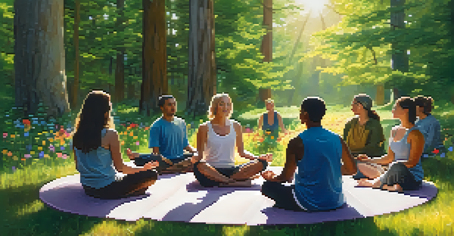 A group meditating in a circle outdoors, surrounded by trees and wildflowers, with sunlight filtering through the leaves.