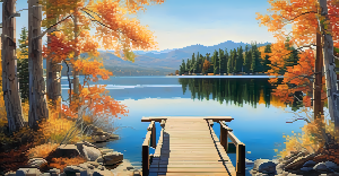 A tranquil view of Big Bear Lake surrounded by mountains, with autumn trees and a wooden dock.