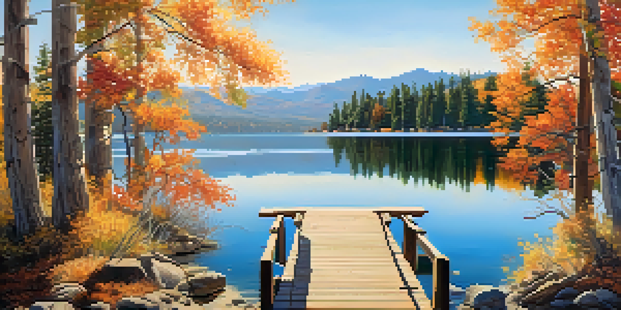 A tranquil view of Big Bear Lake surrounded by mountains, with autumn trees and a wooden dock.