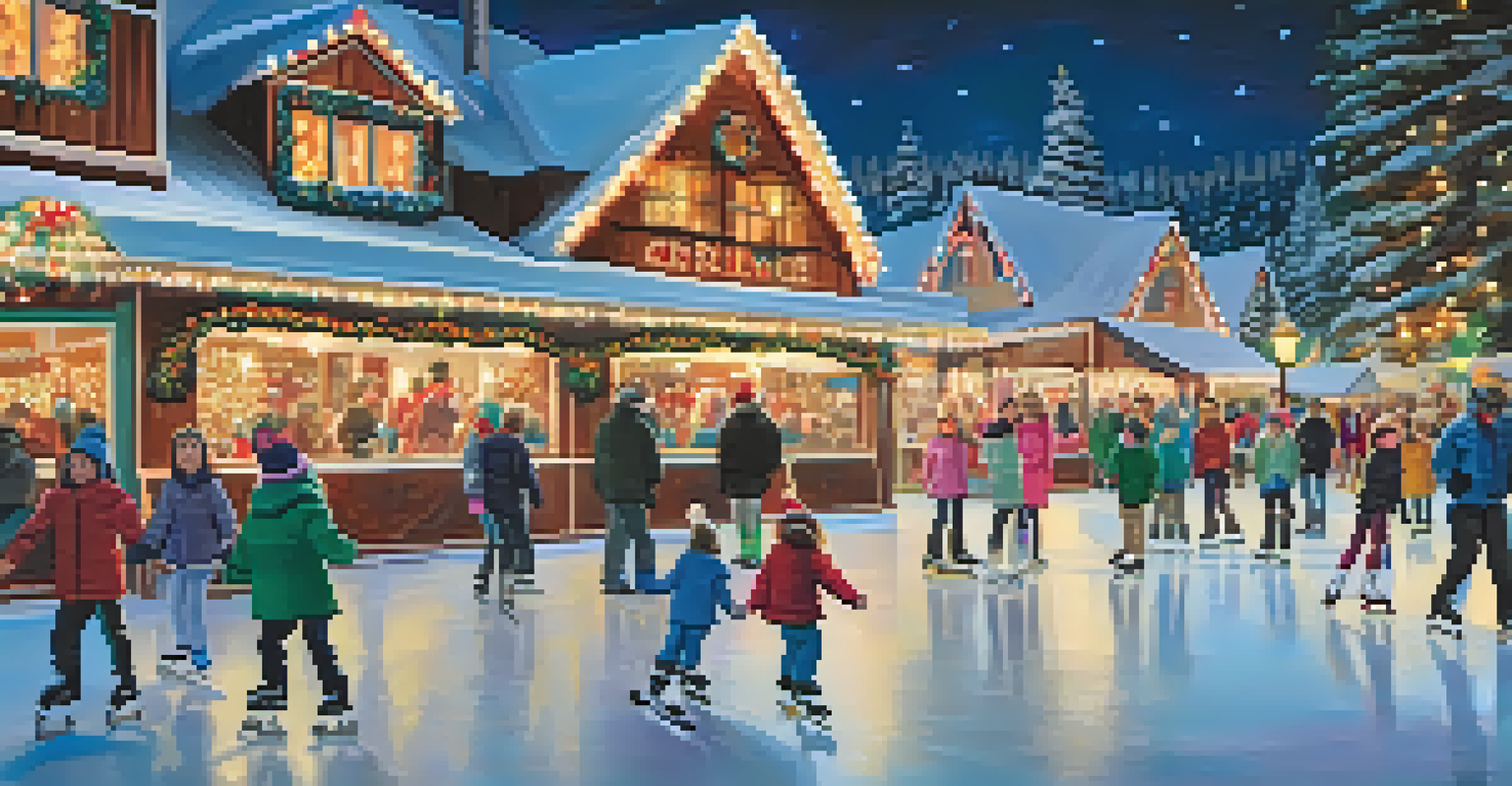 A lively ice skating rink surrounded by holiday lights, with children skating and nearby cafes offering warm treats.