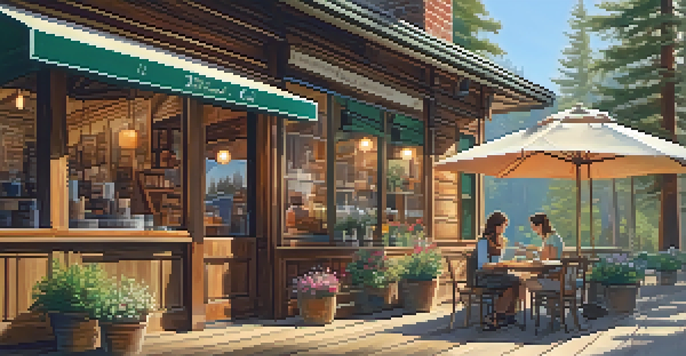 A cozy café surrounded by pine trees, with a steaming cup of coffee and an open book on a wooden table.
