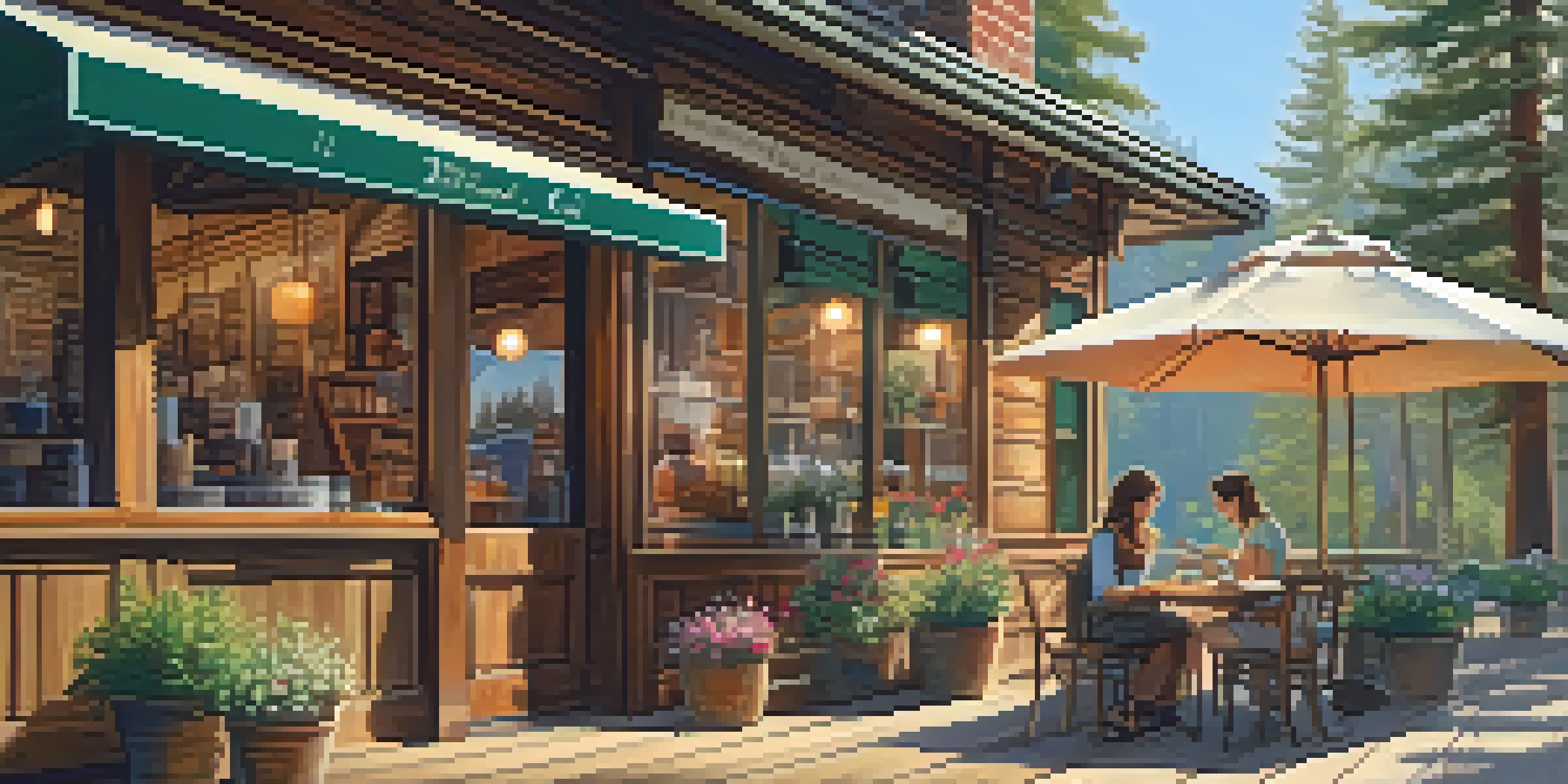 A cozy café surrounded by pine trees, with a steaming cup of coffee and an open book on a wooden table.