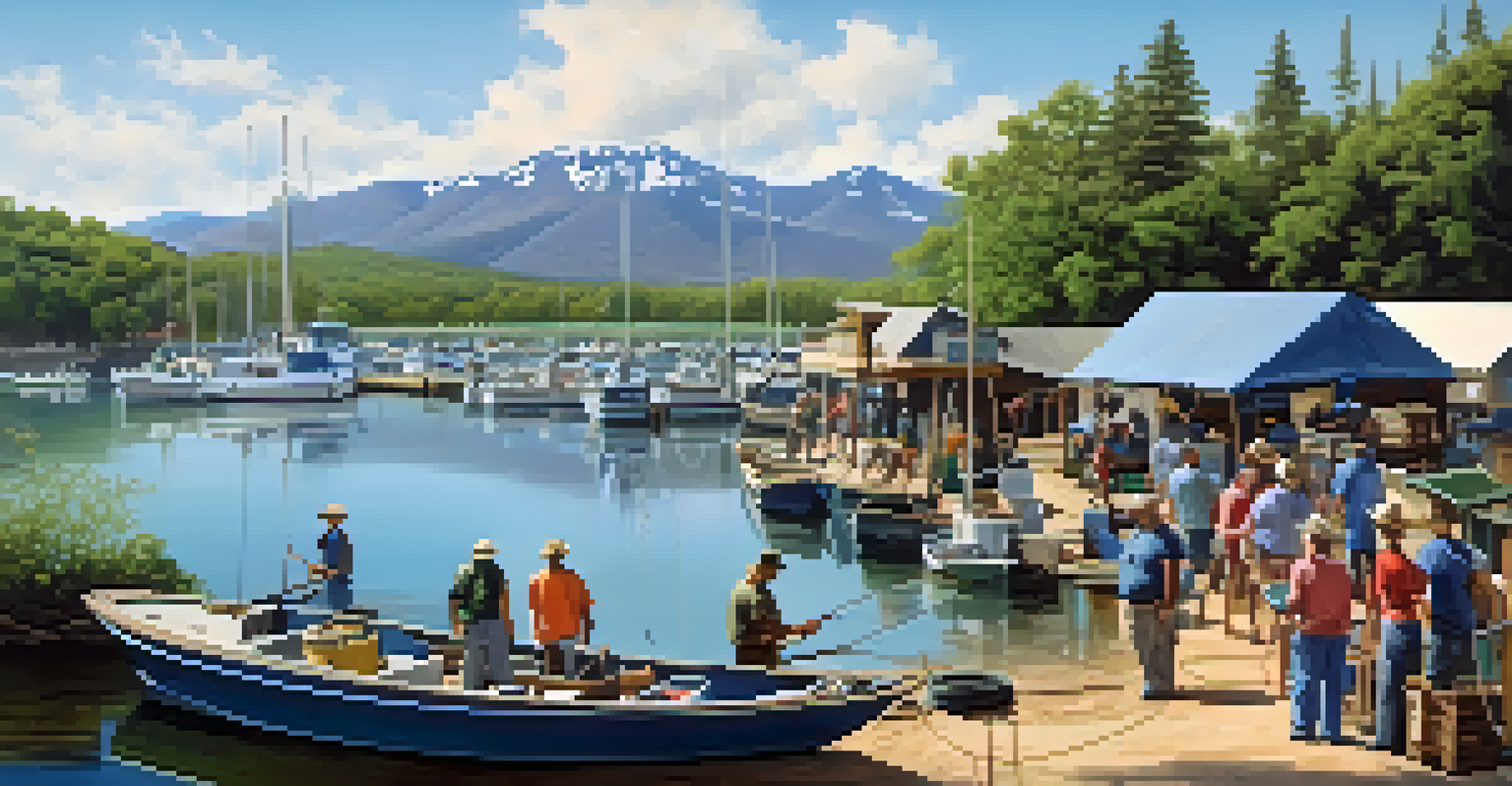 A busy marina at Holloway's with fishermen getting ready, surrounded by nature and clear water.