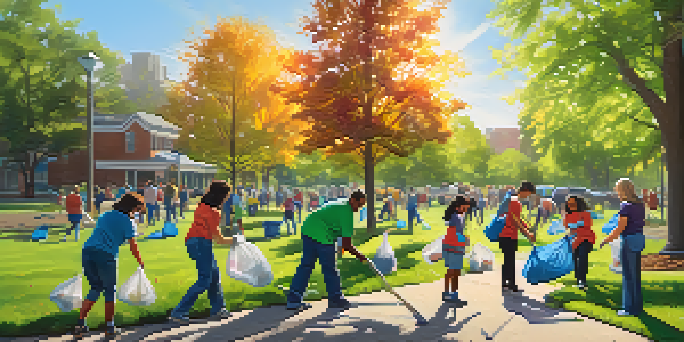 A diverse group of individuals participating in a community clean-up event in a park, surrounded by greenery and sunlight.