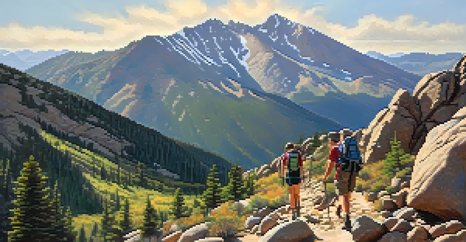 Hikers on the Gray's Peak Trail with rocky terrain and panoramic mountain views under warm sunlight.