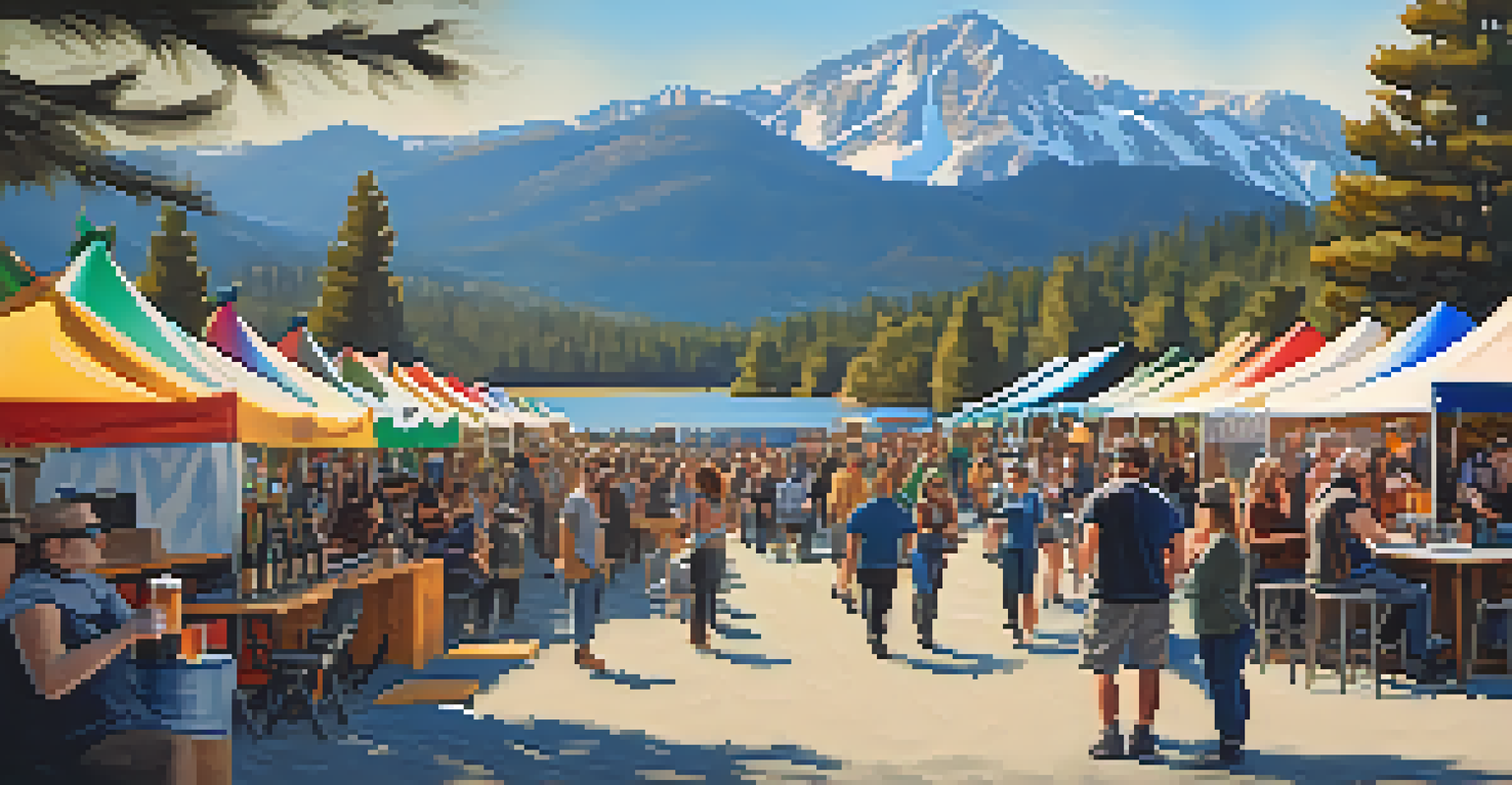 A lively outdoor craft beer festival with colorful tents, people sampling beers, and a scenic lake view in the background.