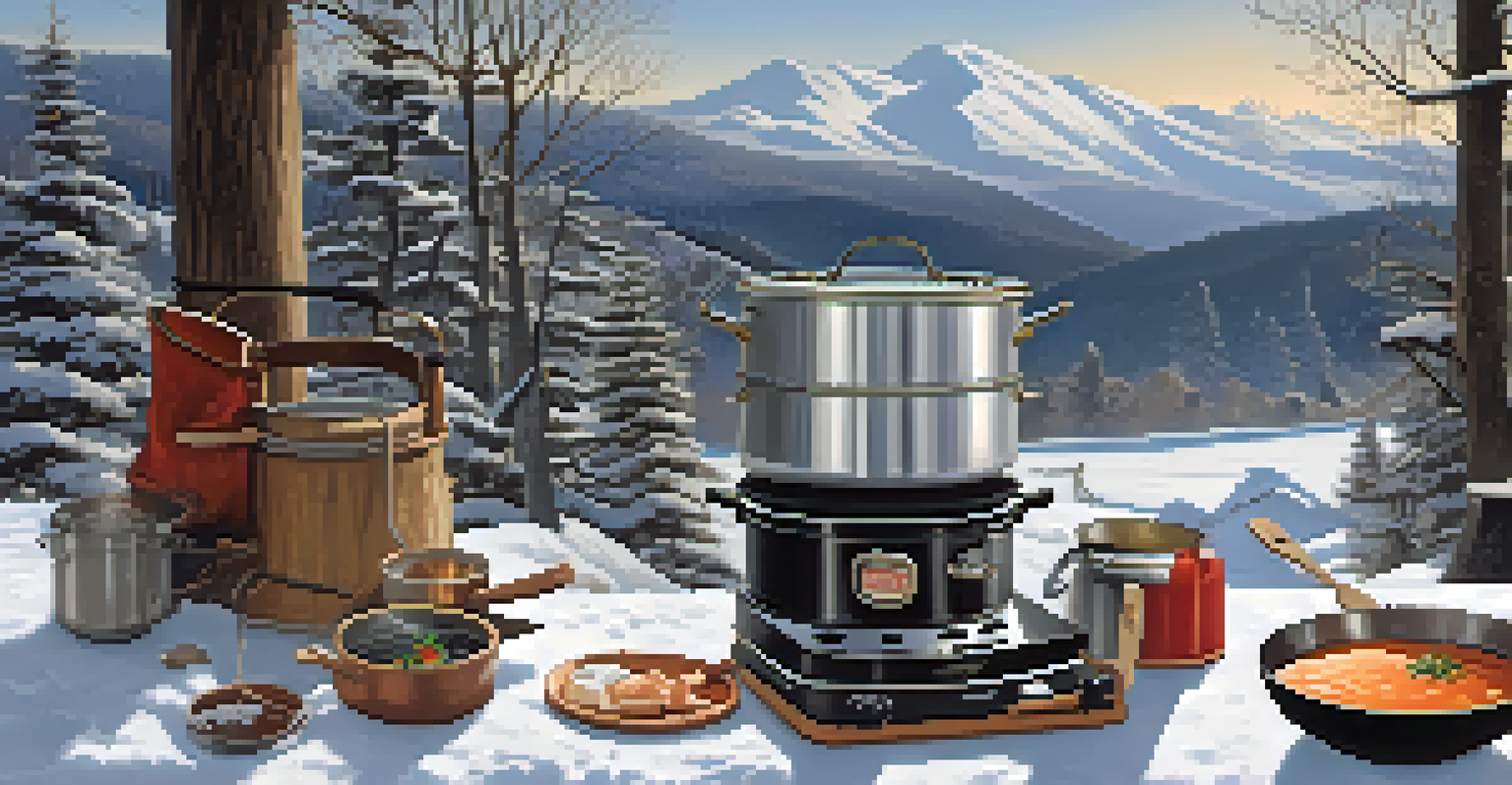 An outdoor cooking setup with a portable stove and a pot of soup in a snowy mountain landscape.