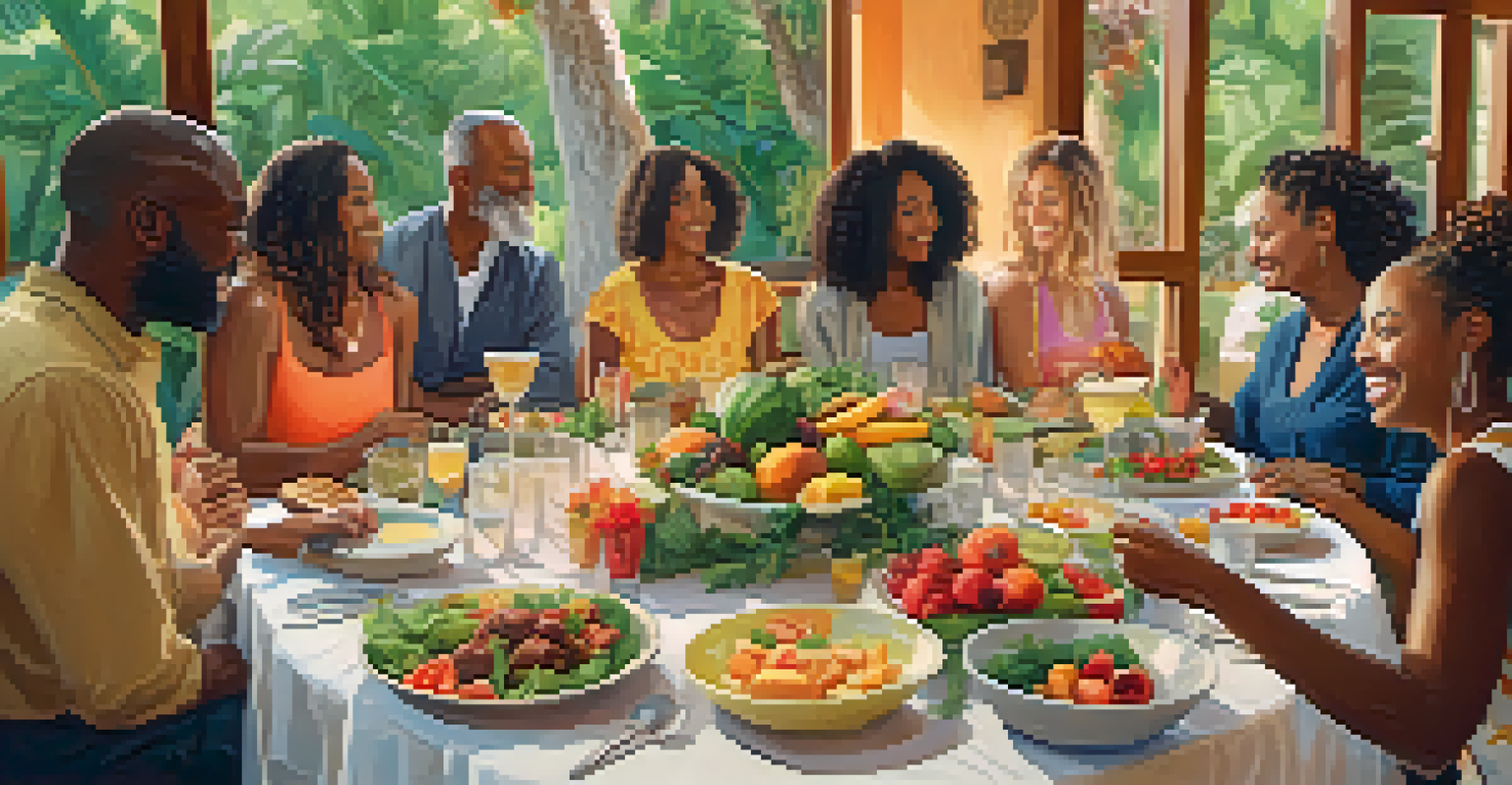 A diverse group of people sharing a healthy meal at a wellness retreat with a warm atmosphere.