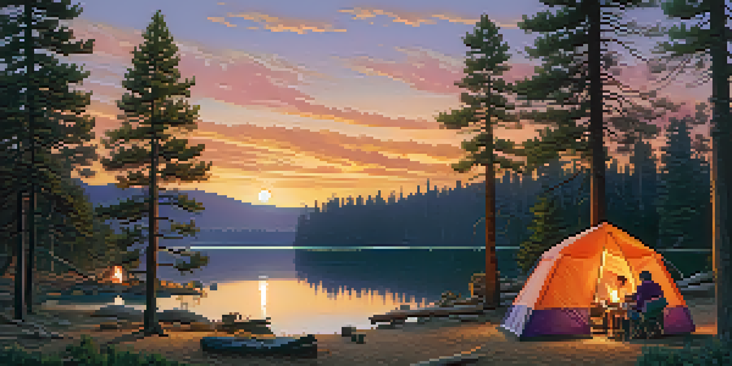 A peaceful campground scene at dusk with tents and a family around a campfire by Big Bear Lake, surrounded by pine trees.