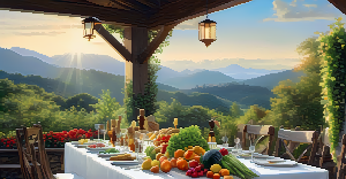 An outdoor dining scene with a rustic wooden table filled with seasonal produce, surrounded by greenery and mountains under golden sunlight.