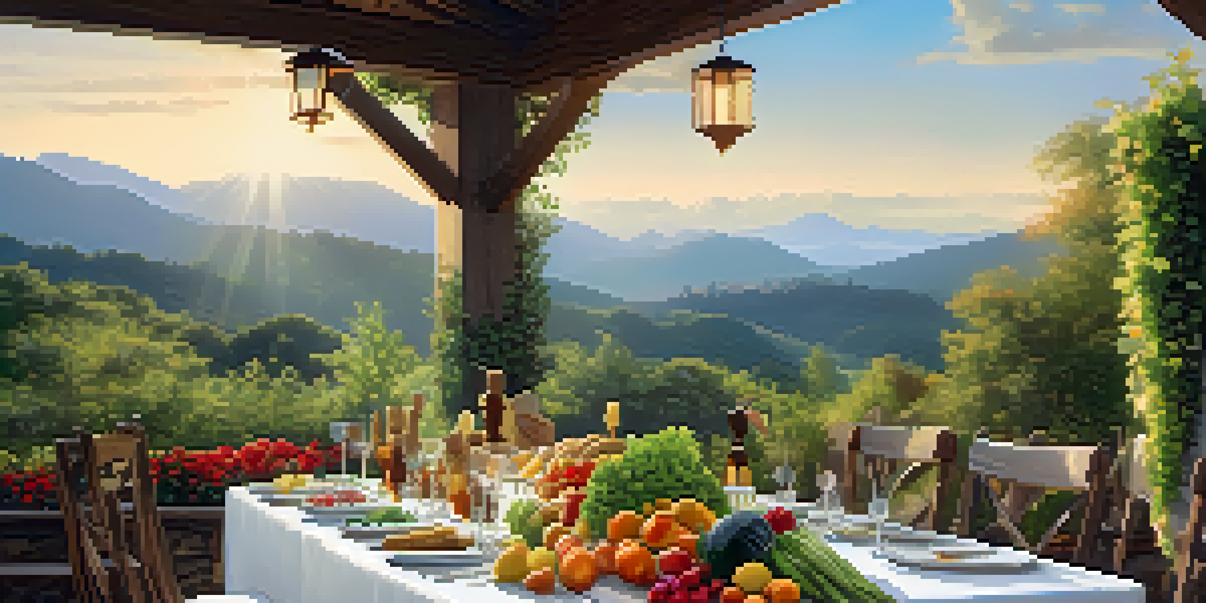 An outdoor dining scene with a rustic wooden table filled with seasonal produce, surrounded by greenery and mountains under golden sunlight.
