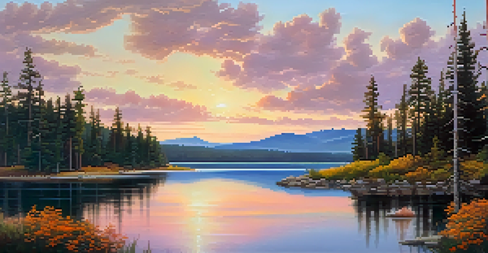 A panoramic view of Big Bear Lake at sunset, with tall pine trees and a family of deer in an alpine meadow filled with wildflowers.