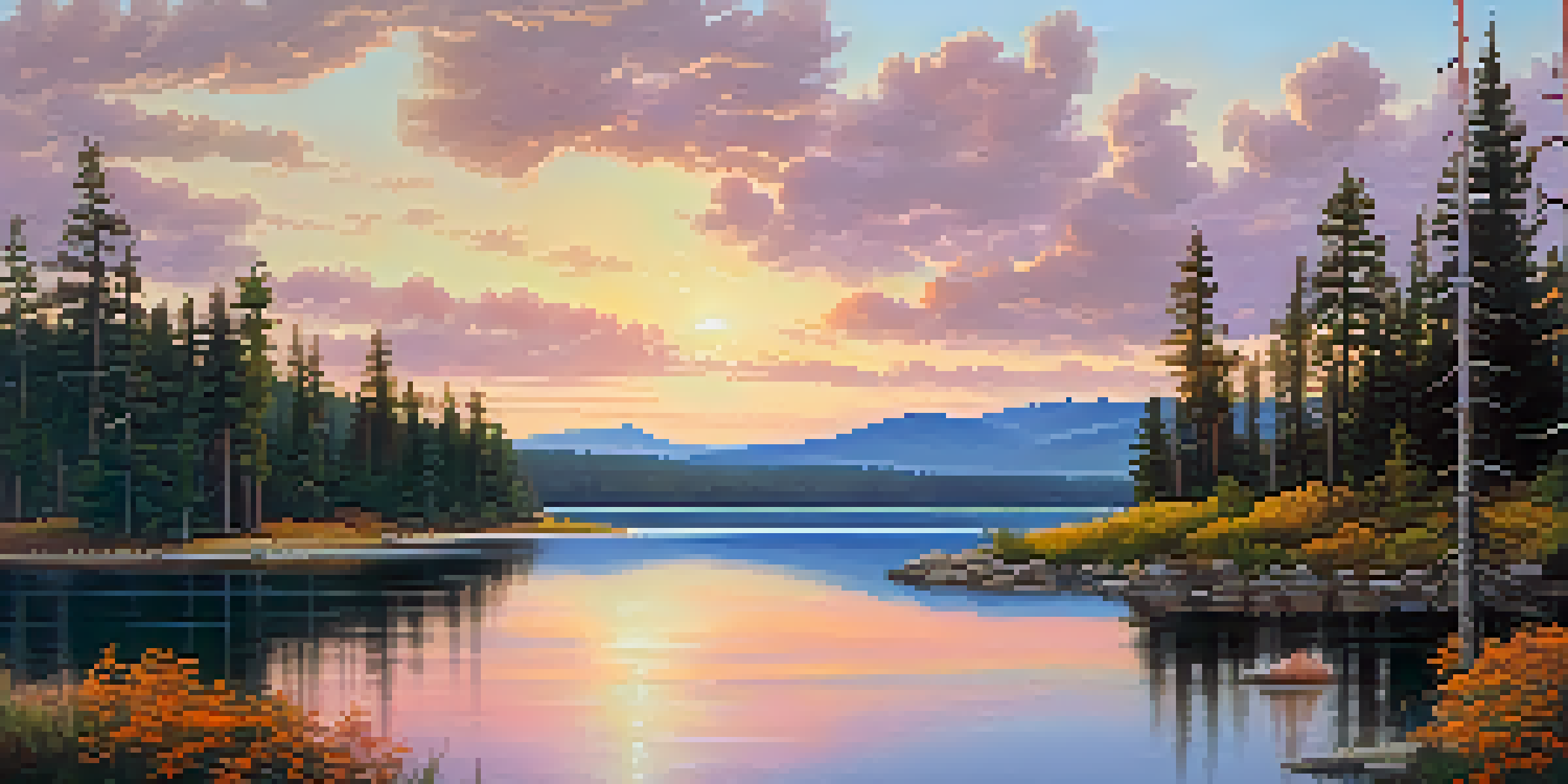 A panoramic view of Big Bear Lake at sunset, with tall pine trees and a family of deer in an alpine meadow filled with wildflowers.