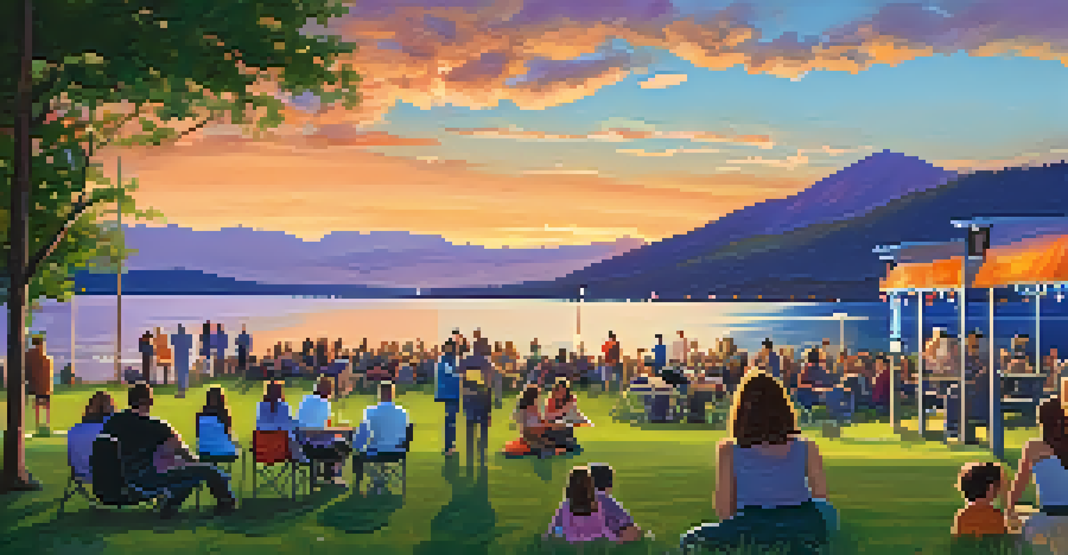 Summer evening concert at The Lakefront with guests enjoying live music and food trucks, against a sunset backdrop.