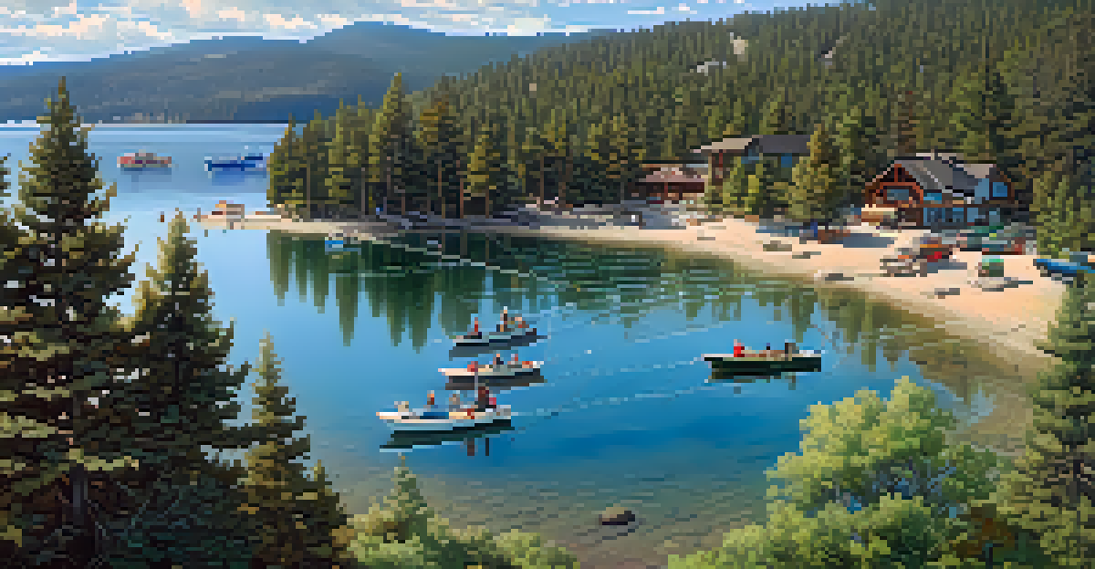 Aerial view of anglers fishing from the shore of Big Bear Lake, surrounded by lush greenery and clear water.