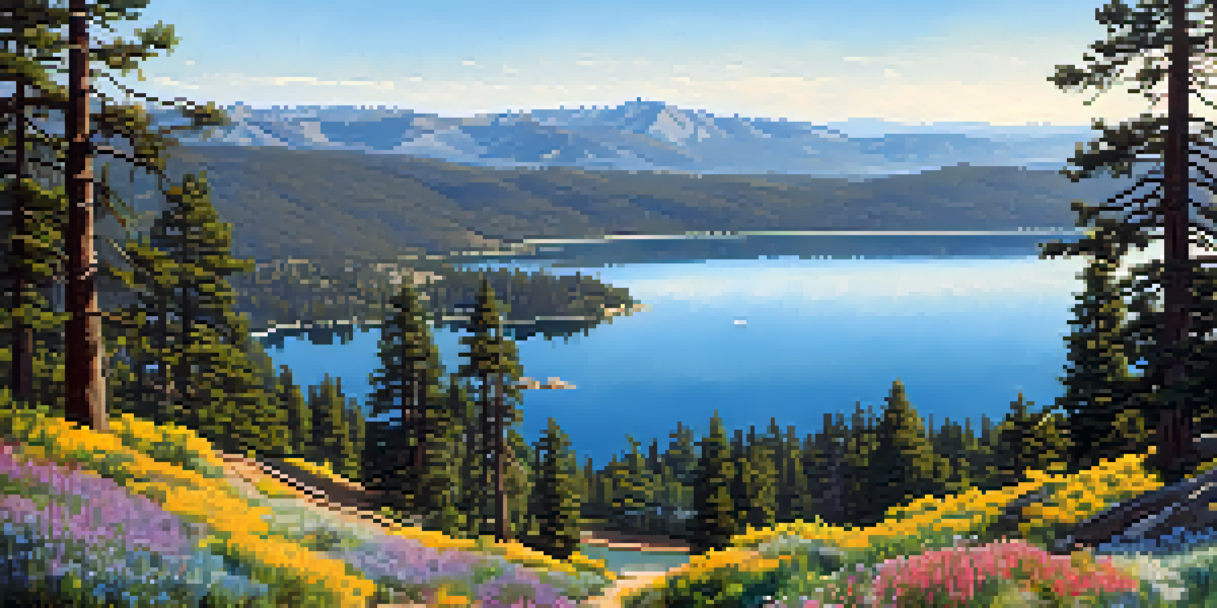 A picturesque landscape of Big Bear Lake with pine trees and mountains, featuring a hiking trail and blooming wildflowers under a clear blue sky.