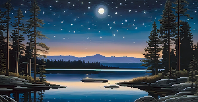 A peaceful nighttime view of Big Bear with a starry sky, moonlit lake, and silhouettes of wildlife.