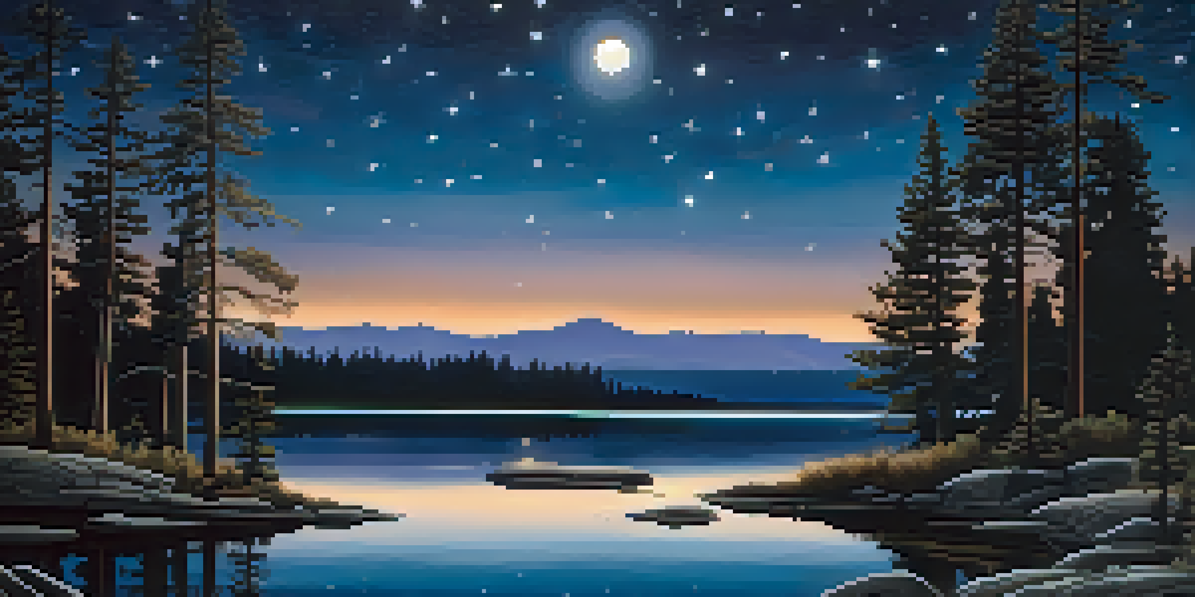 A peaceful nighttime view of Big Bear with a starry sky, moonlit lake, and silhouettes of wildlife.