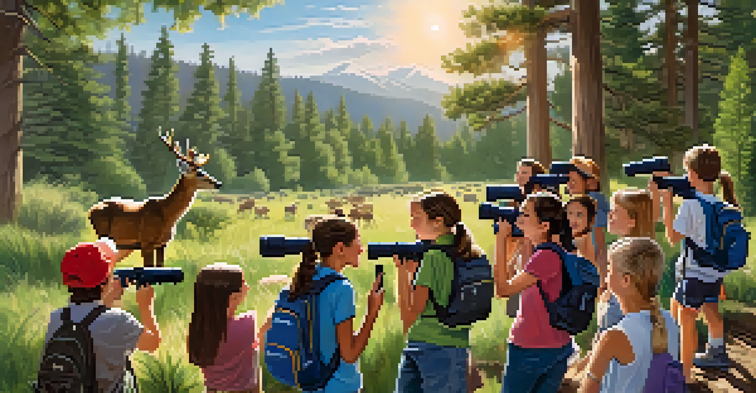 Students on a field trip observing wildlife in a lush natural reserve, with deer and birds around them, under a sunny blue sky.