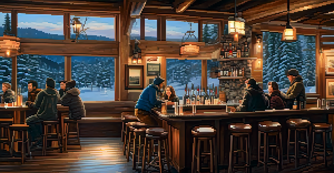 A warm and inviting bar filled with people enjoying drinks after skiing, showcasing wooden decor and a fireplace, with snow visible outside.
