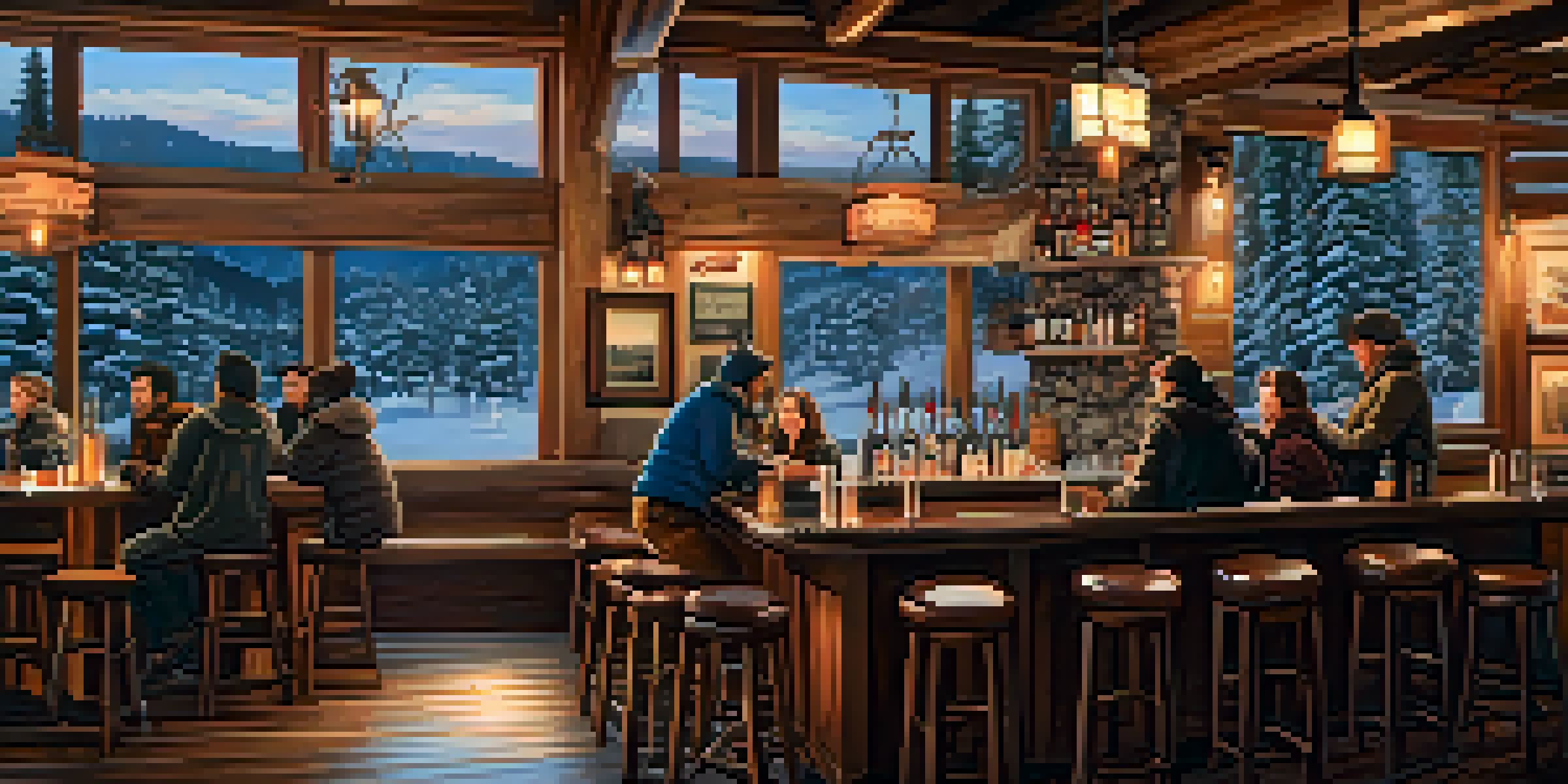 A warm and inviting bar filled with people enjoying drinks after skiing, showcasing wooden decor and a fireplace, with snow visible outside.