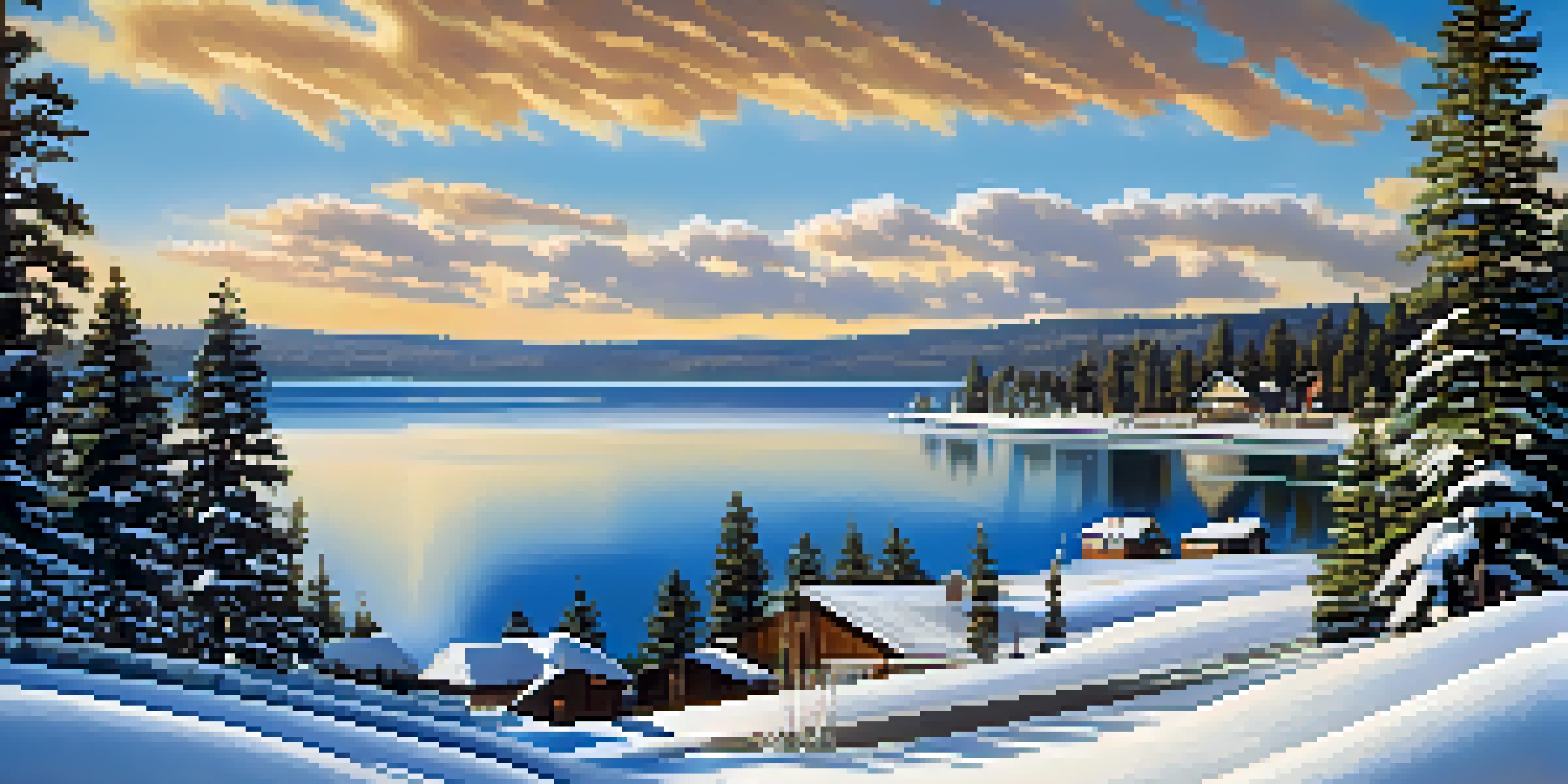 A winter scene at Big Bear Lake with snow-covered trees, a frozen lake where a family is ice skating, and cozy cabins in the background.