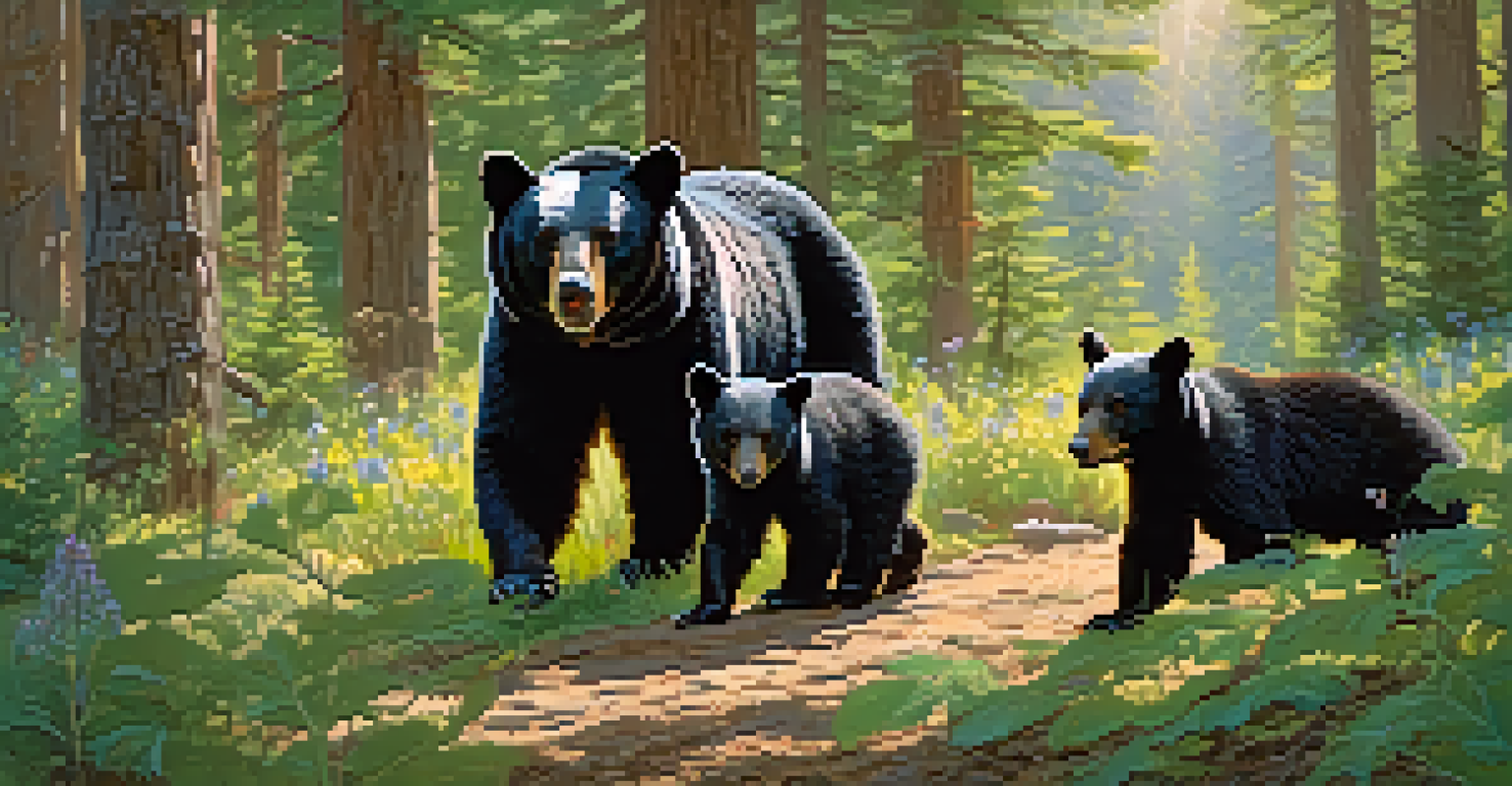 A mother black bear and her cubs exploring a green forest filled with flowers and sunlight filtering through the trees.