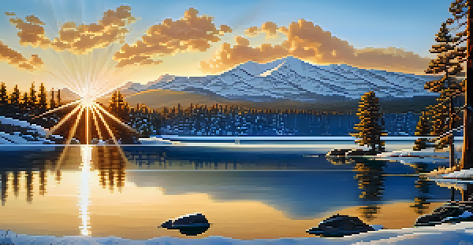 A peaceful sunrise over a lake, with mountains and pine trees reflecting in the water.